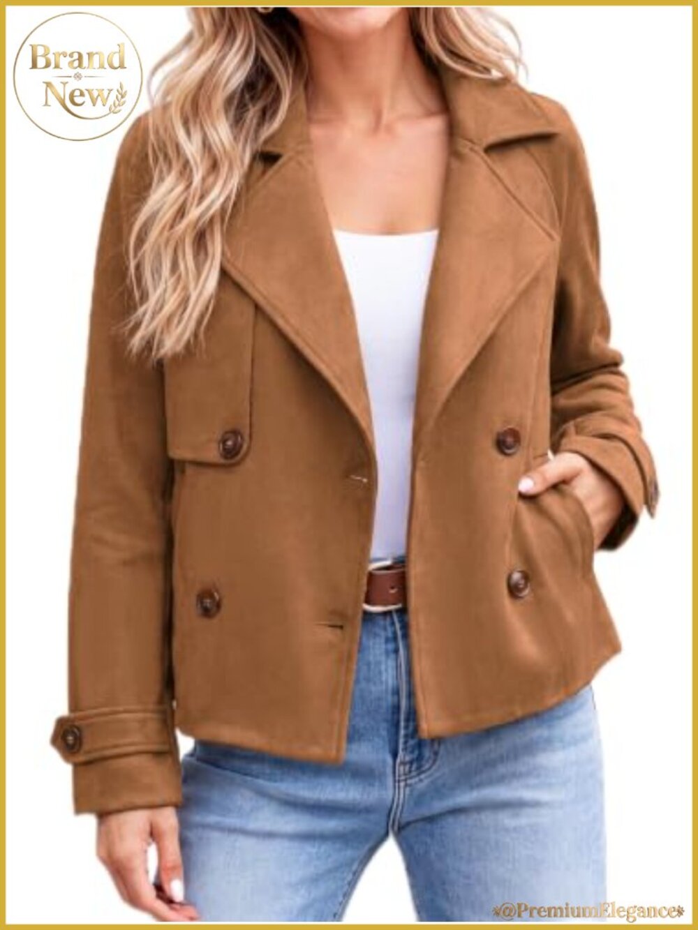 Faux Suede Long Sleeve Notched Lapel Double Breasted Jacket
